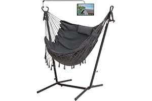 LUCKWIND Hammock Chair with Stand Phone/Pad Holder Included, Adjustable Handmade Swing Chair for Outdoor, Indoor, Portable & Heavy Duty, 400 LBS Capacity (Grey)