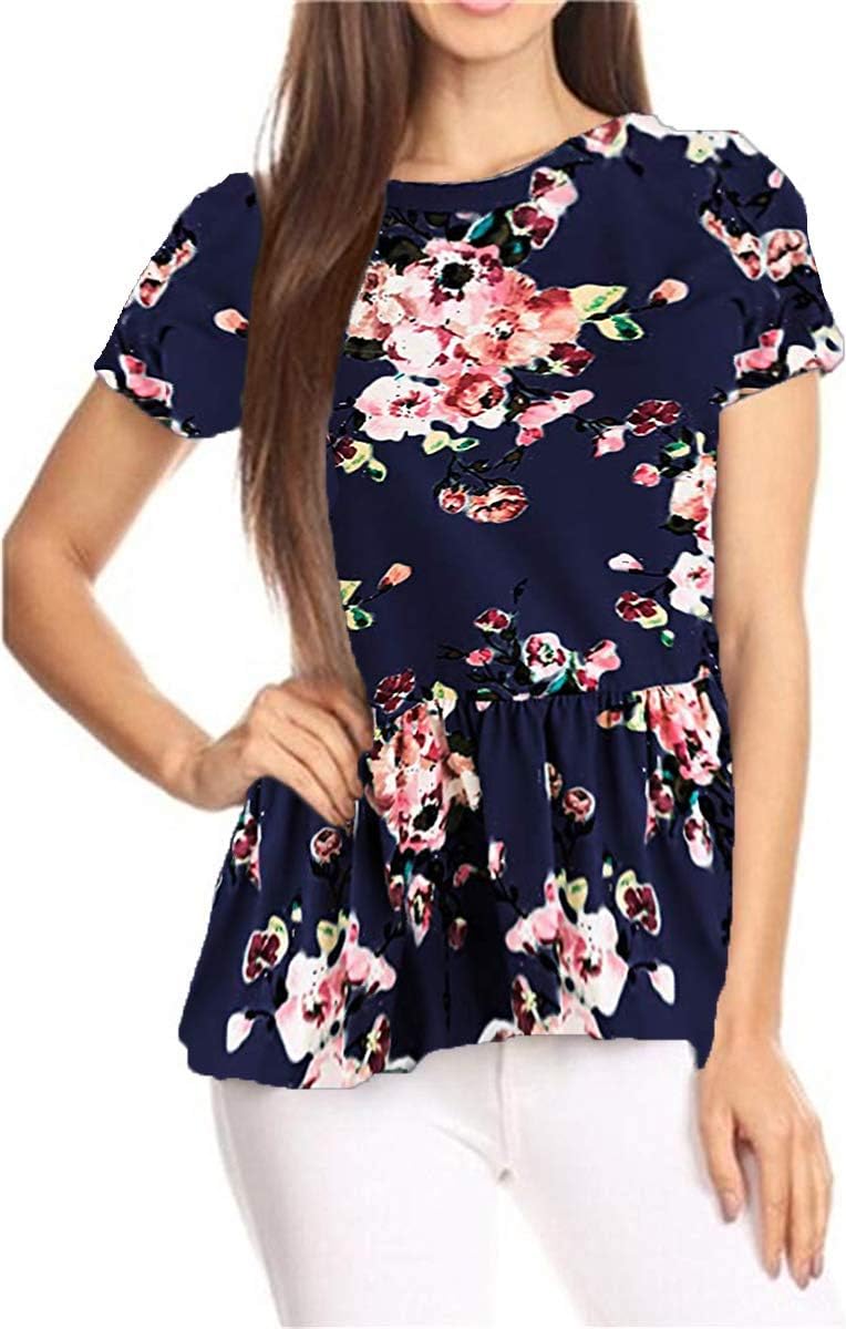 GOCHIC Women's Crew Neck Short Sleeve Ruffle Hem Peplum Tops Shirts