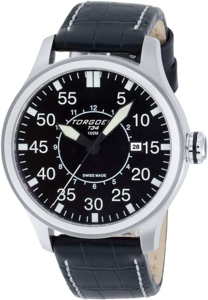 TORGOEN Swiss T34101 Men's Quartz Pilot Watch with Black Dial and Black Leather Strap