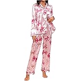Verdusa Women's Silk Pajamas 2 Piece Satin Cute Bow Long Sleeve Button Down Shirt and Pants Lounge Set