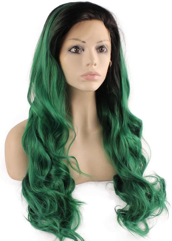 Iwona Long Wavy Lace Front Synthetic Hair Black Root Green Ombre Quality Cosplay Party Wig - Image 3