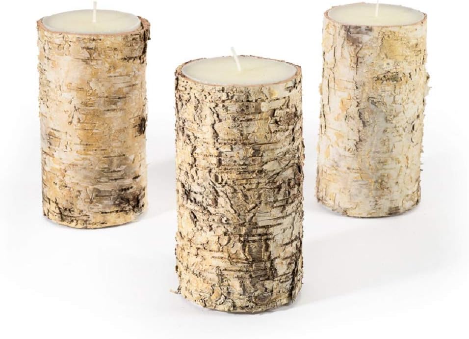 Serene Spaces LivingBirch Bark Candle, Set of 3 Medium, Pillar Candle, Ideal for Weddings, Parties, Events, Restaurants, Home Decor, 3" Diameter & 5.75" Tall