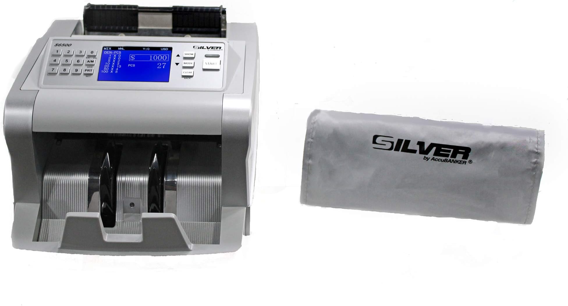 SILVER by AccuBANKER S6500 Quick Mixed Denomination Bill Counter, Bank Grade Value Cash Counter & Automatic Counterfeit Money Detector with Dust Cover -Sort Bills, Count & detect Fake Money/Currency