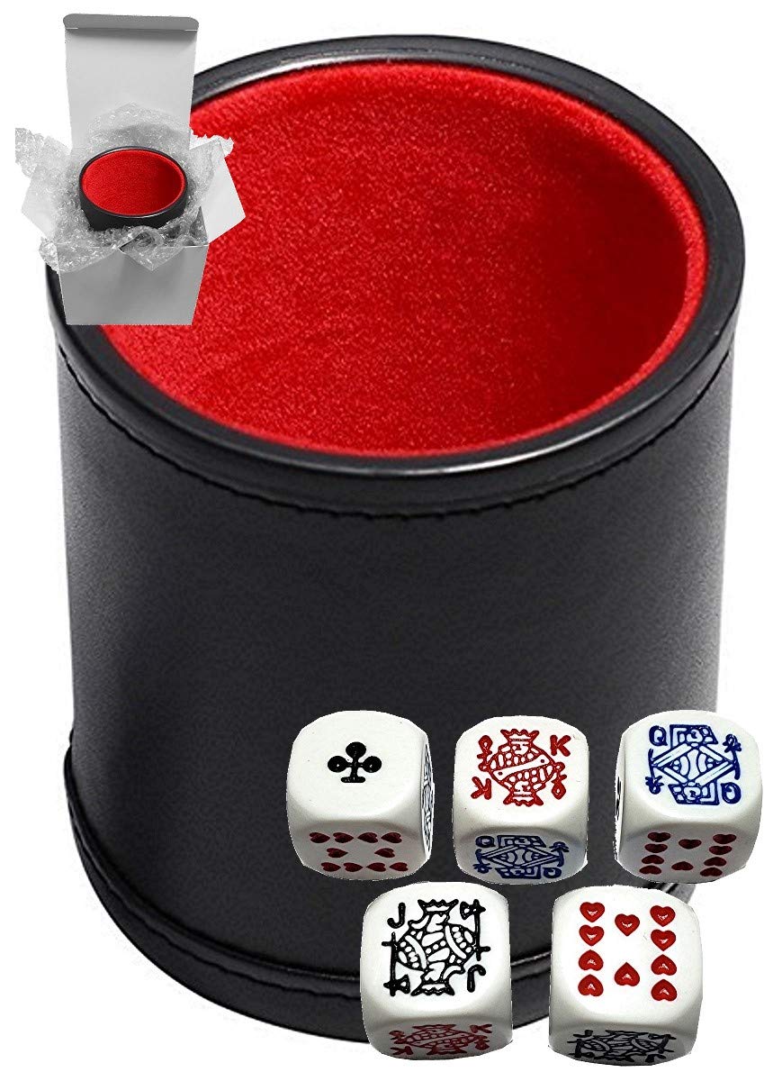 Set of Dice Cup Black PU Leather w/Plush Red Felt Lined + Poker Dice White Rounded Corners Clubs Ace (Gift Boxed)