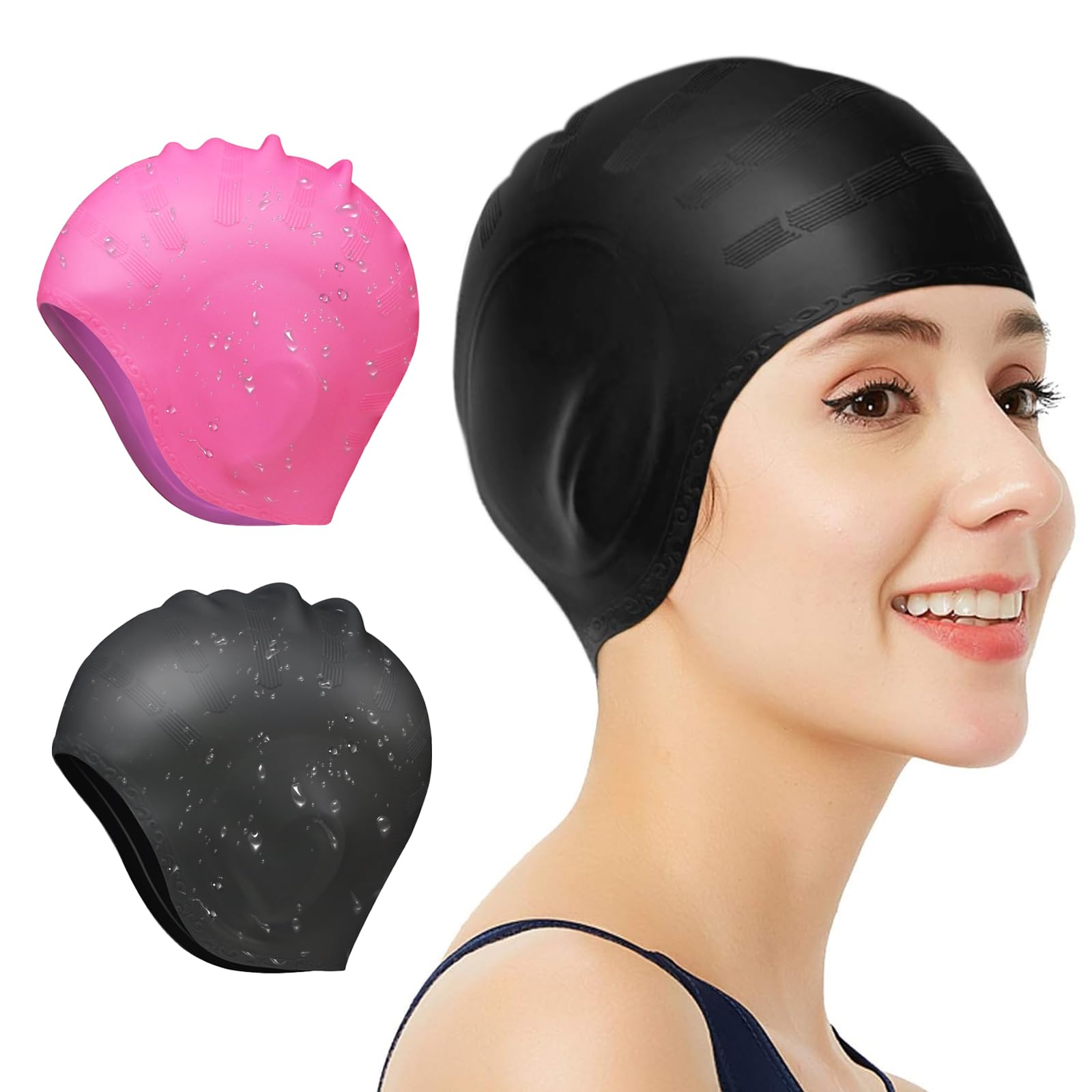 2 Pcs Swim Caps Ear Protection,3D Swimming Cap for Women Men Cap Waterproof Fits Long Hair & Short,Adult Swim Cap Youth Lightweight Bathing Caps for Women Men
