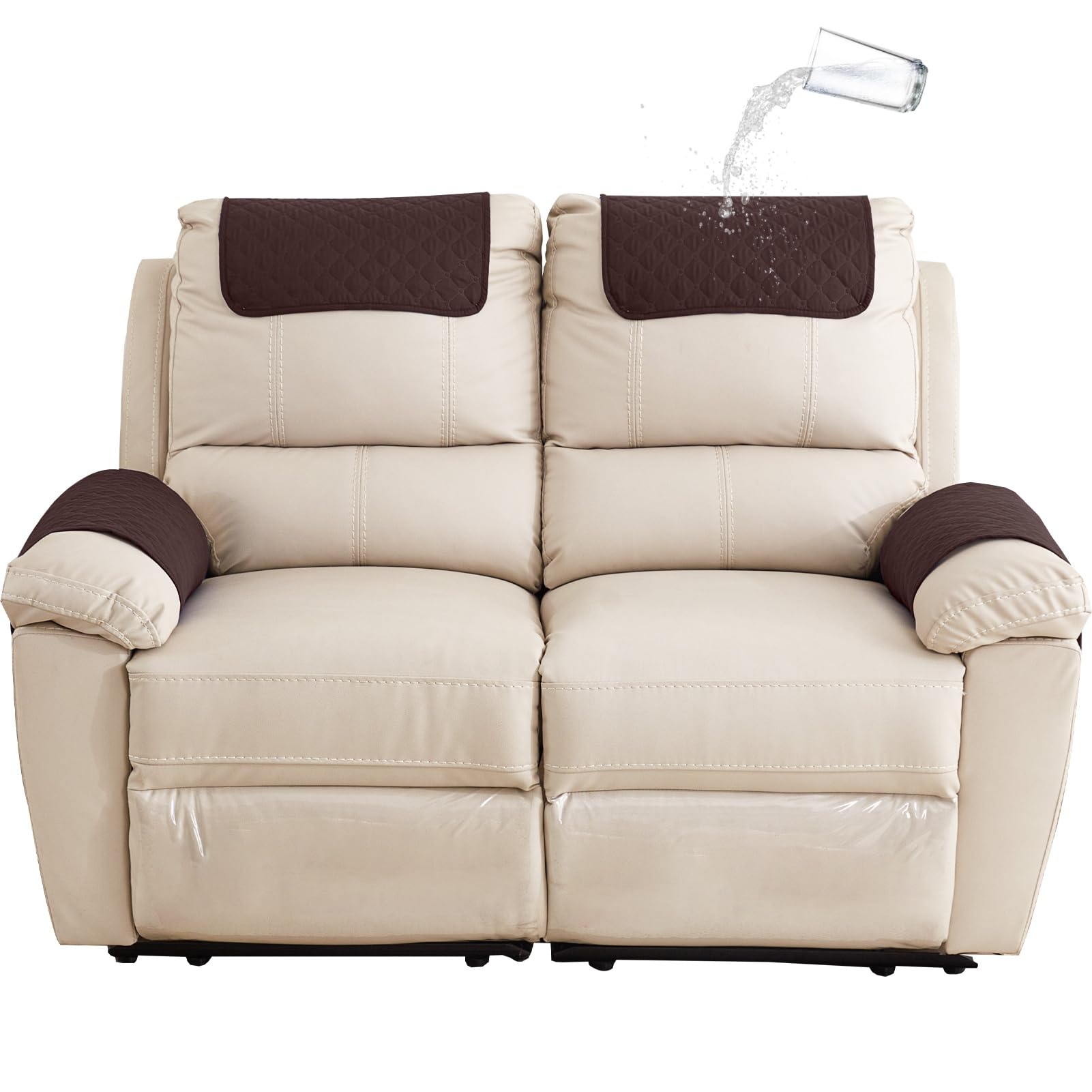 GYHH Sofa Armrest Cover, Headrest Cover for Recliner Chair Arm Cover,Armchair Slipcover Nonslip Quilted Furniture Protector for Pets Leather Sofa Couch (Coffee,2 Seat Recliner | 4 pc)