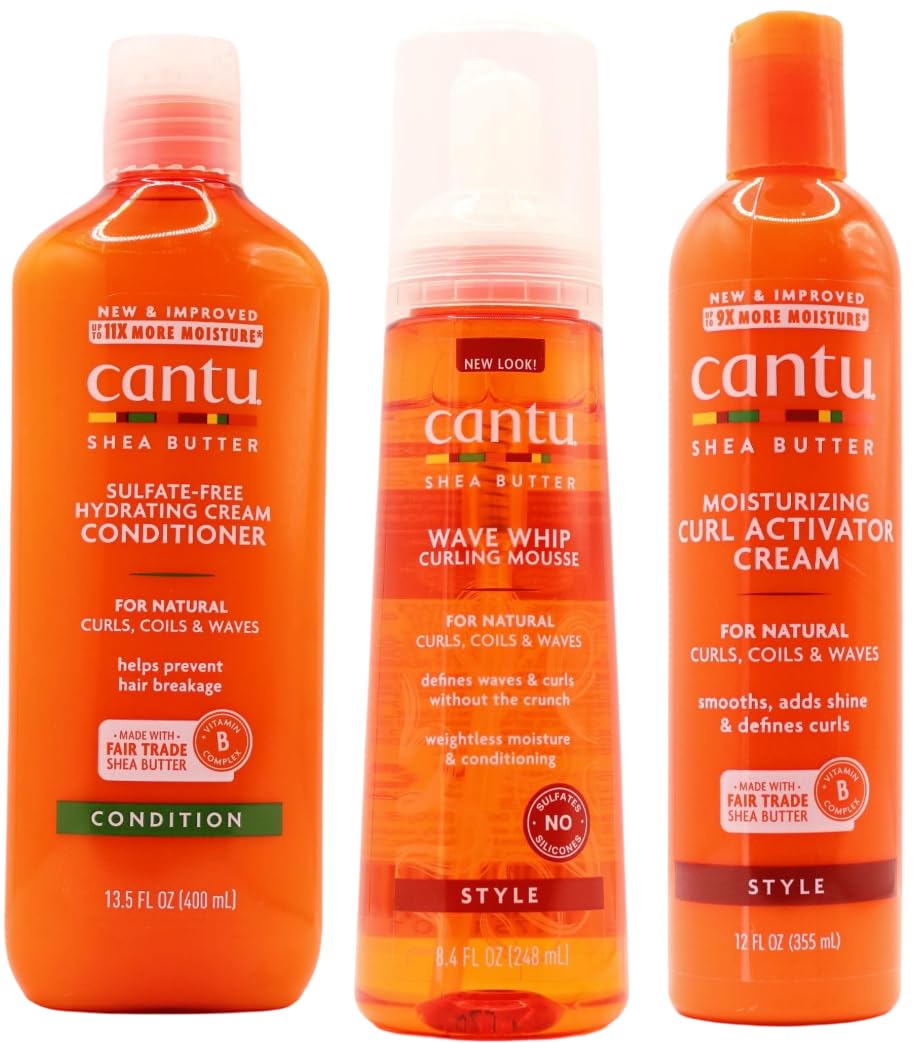 Cantu SHea Butter Moisturizing Curl Activator Cream, Wave Whip Curling Mousse & Hydrating Cream Conditioner Combo (Set of 3)