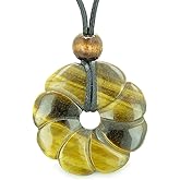 Large Flower Lucky Charm Donut Amulet Magic Tiger Eye Pendant Necklace