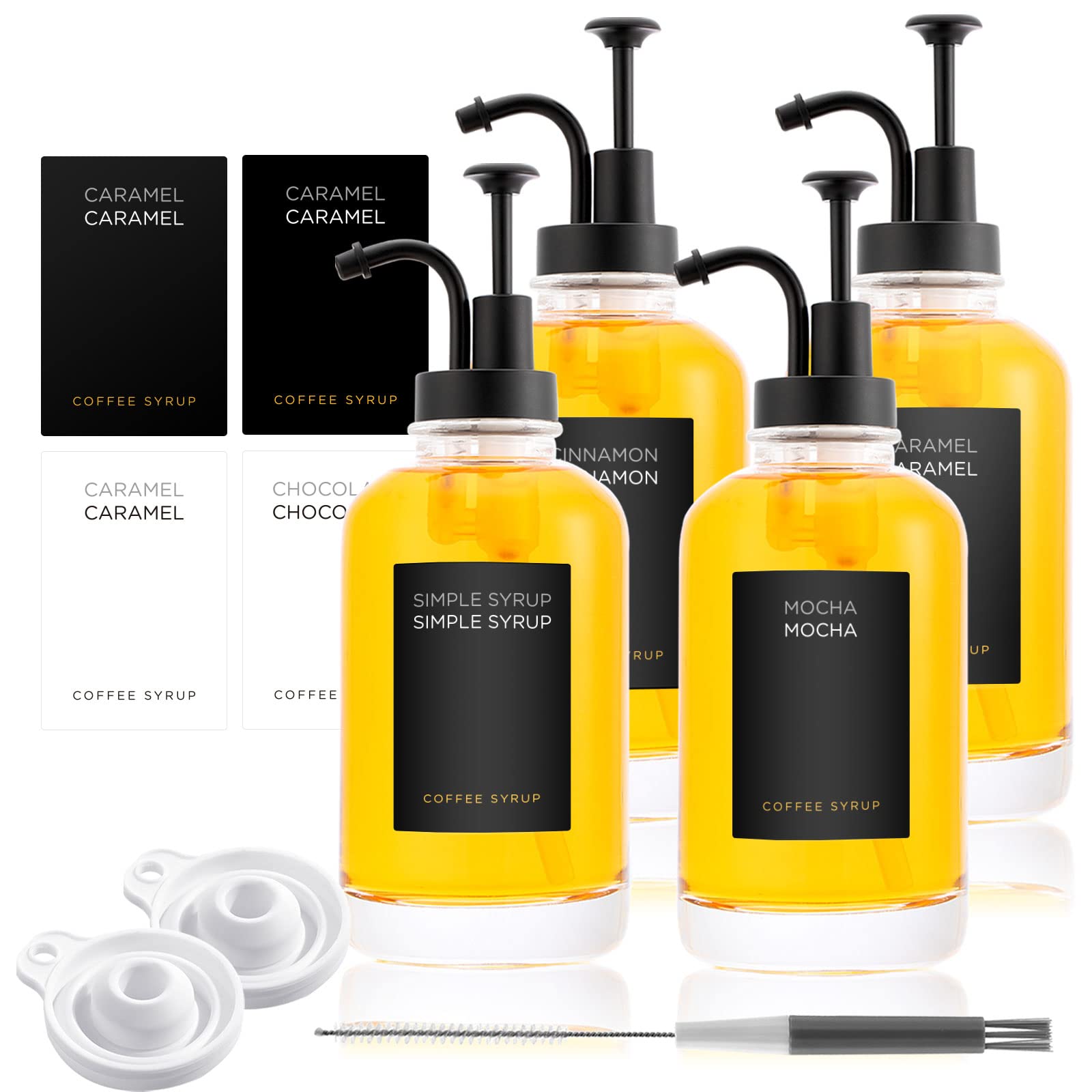 Joyfulmap 4-in-1 Coffee Syrup Dispenser - Black Glass Bottles for Maple/Coffee Syrups, 16.9 oz (Black)