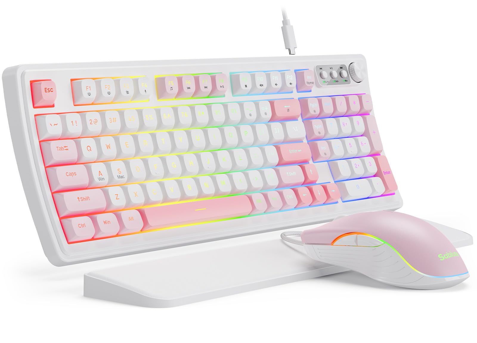 SABLUTE Wired Gaming Keyboard and Mouse, RGB Backlit Mechanical Feel Keyboard and Mouse, Multimedia Knob & Anti-Ghosting Ergonomic Premium Leather Wrist Rest for Game (Pink)