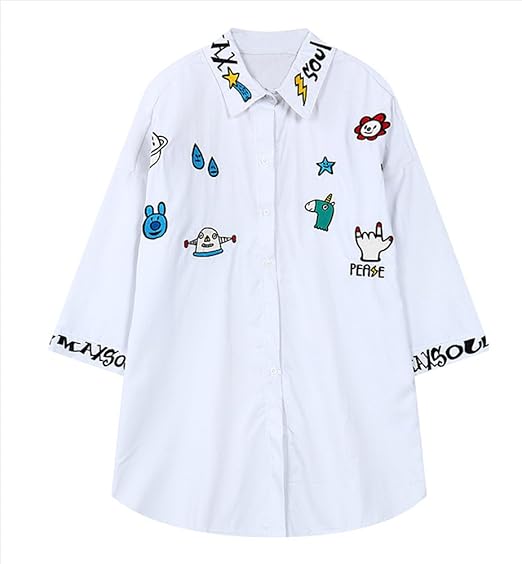 Amazon シーファニー Cfanny レディース 無地 可愛い 綿 個性的 刺繍 ゆったり チュニック トップス ブラウス シャツ ホワイト ワンピース チュニック 通販