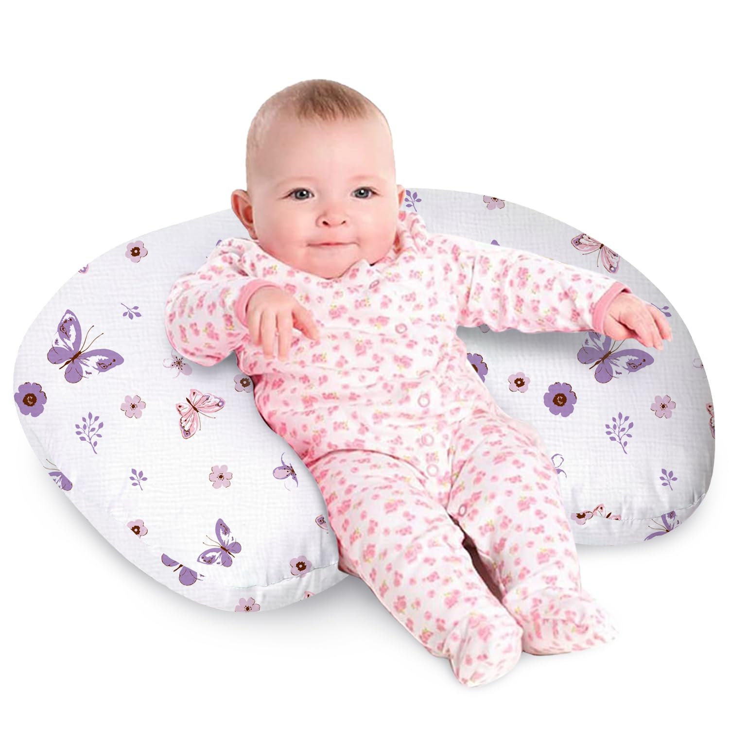 Photo 1 of Little Grape Land Nursing Pillow, Soft 100% Cotton Breastfeeding Pillow with Breathable Muslin Removable Cover, Purple Butterfly Breast Feeding Pillows for Babies 0-12 Months with Protective Zipper