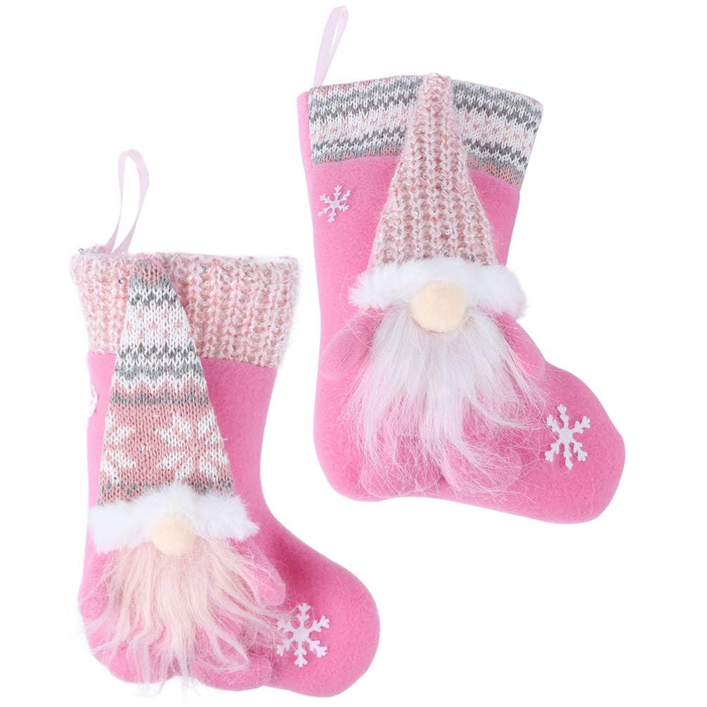 2 Pack Christmas Stockings: Personalised Christmas Stockings, Pink Plush 3D Hanging Socks with Faux Fur Cuff - Cute Faceless Doll Forest Man Design - Perfect for Xmas Tree Decorations, Holiday Party