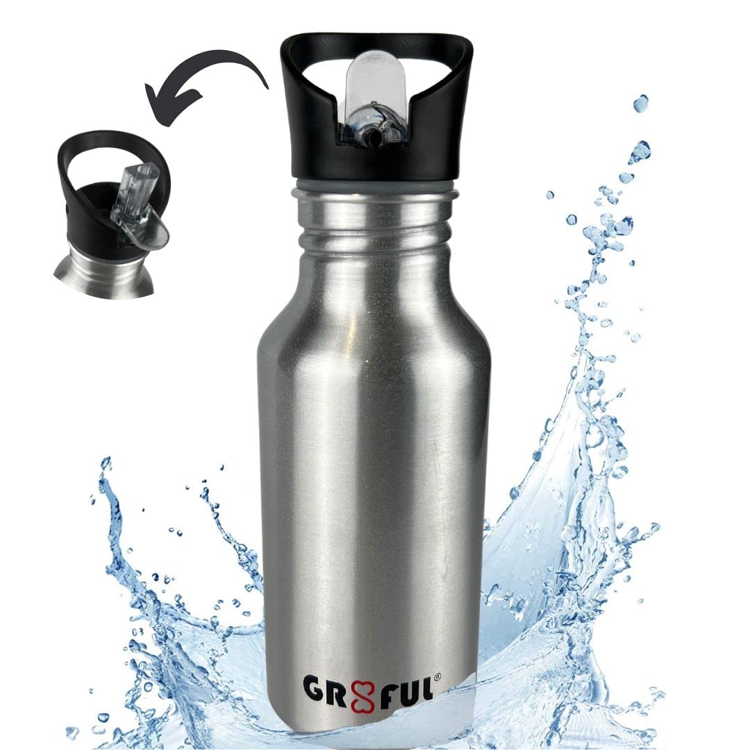 gr8ful® Water Bottle - Aluminium Metal | Leakproof with Screw Drinking Top | Fab for Running, Swimming, Cycling, Gym, Kids | Lightweight, Reusable, BPA free, 500ml, Hydrate