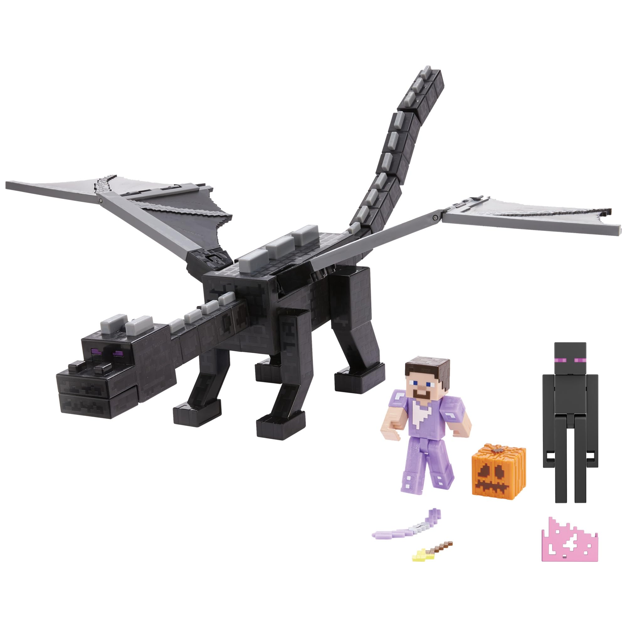 Mattel Minecraft - Set con il grande Enderdrago e le action figures di Steve e dell'Enderman, playset del 15° anniversario con accessori e design pixelato, giocattolo per bambini, 6+ anni, HTN25