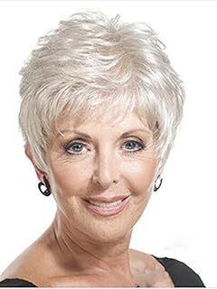 Tonake Short Fluffy Curly Silver White Hair Wig For Women Lady
