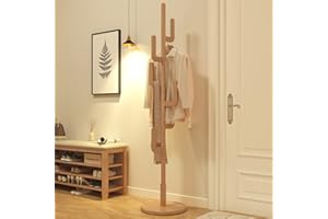 KungFuWood Coat Rack, Unique Design Cactus Coat Rack Freestanding, Adjustable Height Wooden Coat Rack Stand with 6 Hooks, Easy Assembly Coat Tree for Entryway, Bedroom,Coats,Bags(Natural)