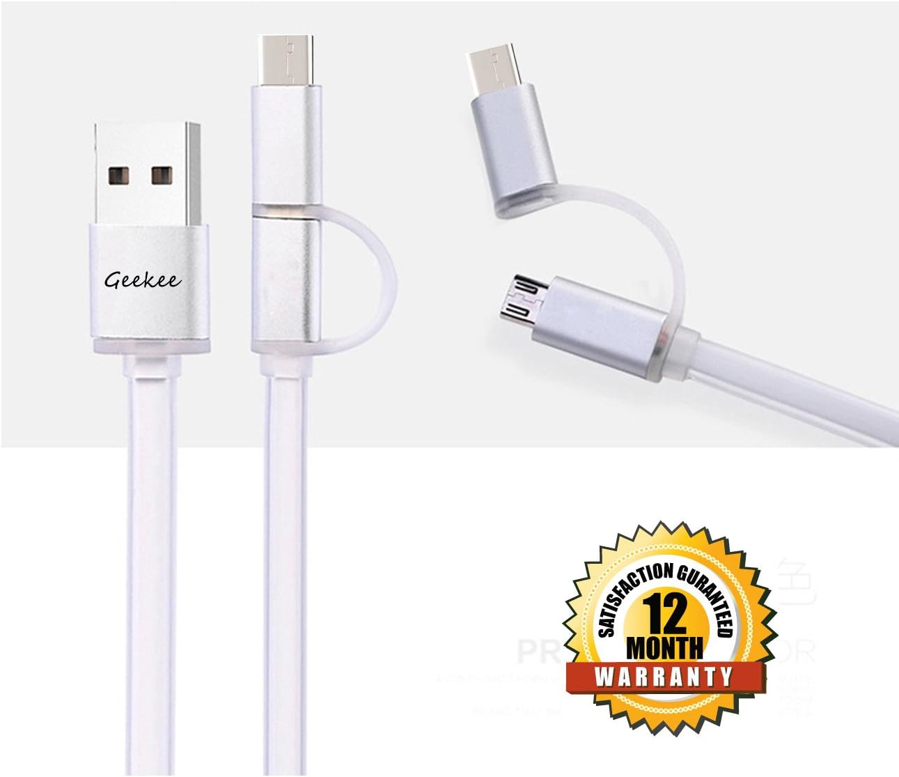 2 in 1 USB Type C Cable,Geekee Type C to Micro USB to USB Type A Charging Data Cable for Apple MacBook, Google Nexus 5X, 6P, Pixel C, OnePlus 2,and Other Type-C Phones (2 in 1 USB-C Cable)