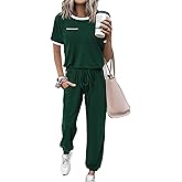 Amkoyam Women's Two Piece Outfits 2025 Summer Short Sleeve Tops With Drawstring Long Pants Tracksuit Jogger Lounge Set