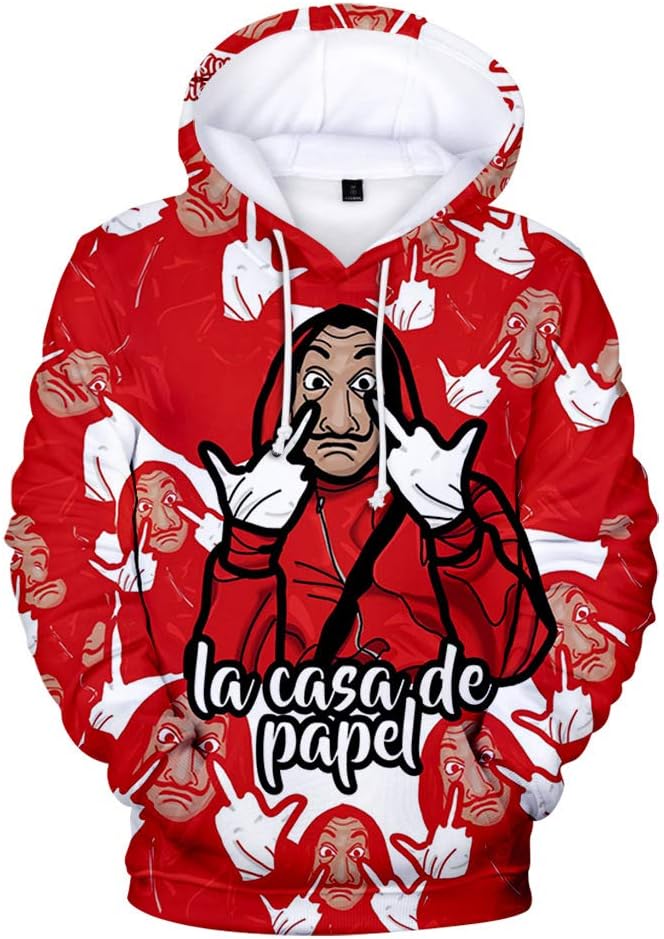 Men Hoodie Top 3D Printed Money Heist LA CASA DE Papel Spring Hooded Pullover Pocket Sweatshirt
