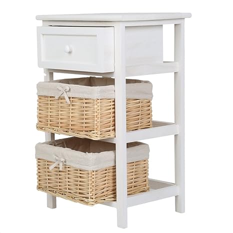 Maudpower 3 Tier Bedside Table Cabinet With Wicker Storage Baskets
