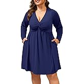 Manllenshie Womens Plus Size Dress Casual Cocktail Party Deep V Neck Twist Knot Front Flowy Midi Dresses with 2 Pockets Roll up 3/4 Sleeve (Navy Blue,XL)