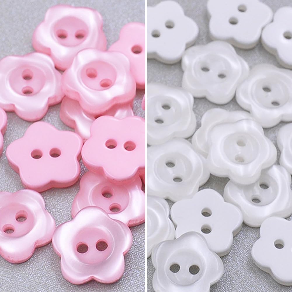 100 Pcs Pearlescent Buttons 2 Hole Flower Resin Button Sewing Buttons for Baby and Kids Knitting Cardigans DIY Handmade Sewing Crafting Decoration (White+Pink)