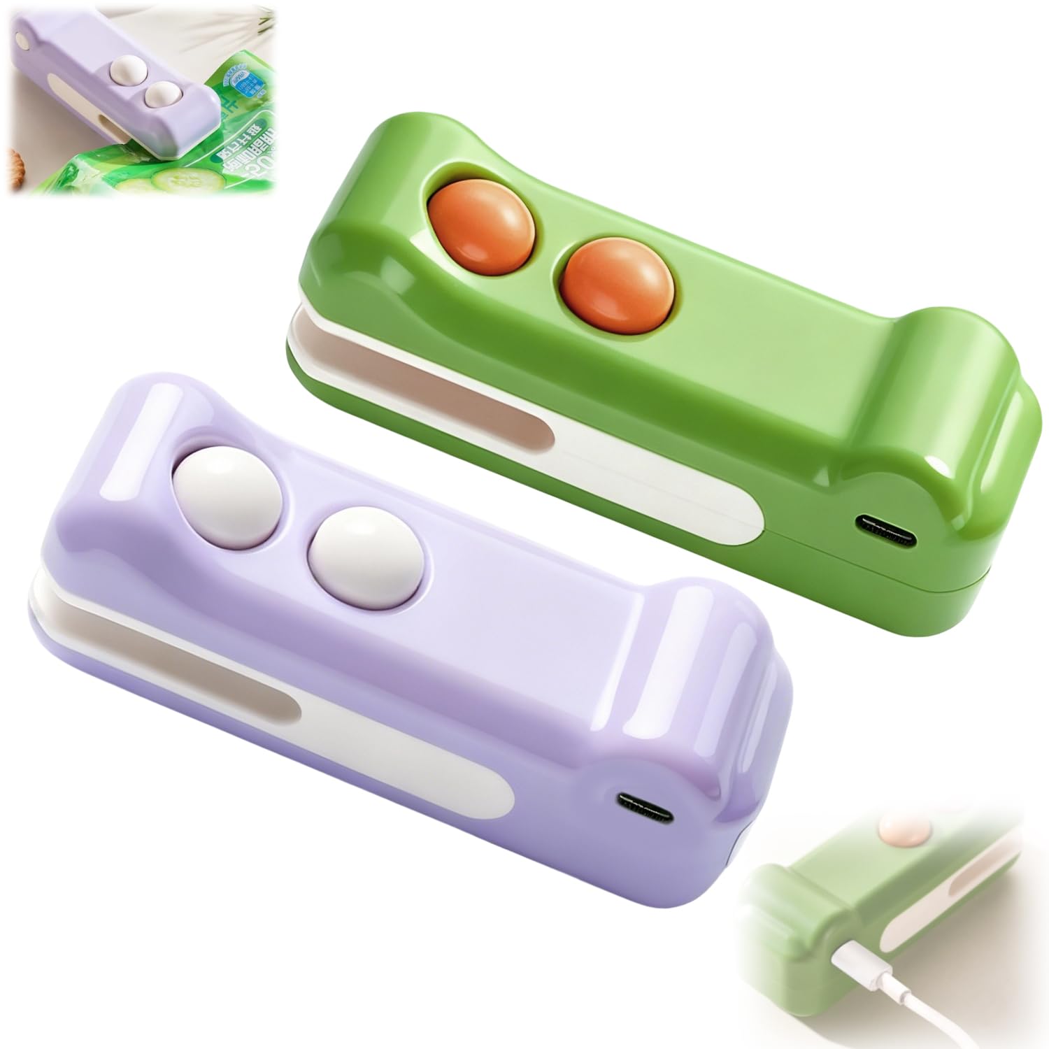 Photo 1 of 2 in 1 Mini Bag Sealer with Cutter and Magnet,Mini Bag Sealer,Portable Handheld Rechargeable Food Bag Sealer for Sealing and Cutting,Small Package Sealer for Snacks,Chips,Food Storage (Green +Purple)