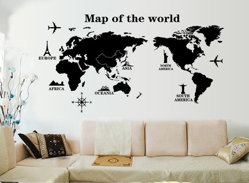 ufengke® "Travel Round The World World Map Wall Decals, Living Room Bedroom Removable Wall Stickers Murals, A