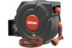 DRINCOSH Upgraded Retractable Garden Hose Reel 1/2 in x 100 ft PRO 180° Swivel Metal Bracket Automatic Slow Return Heavy Duty Wall-Mounted Hose Reel Any Length Lock 9 Pattern Nozzle UV Resistant