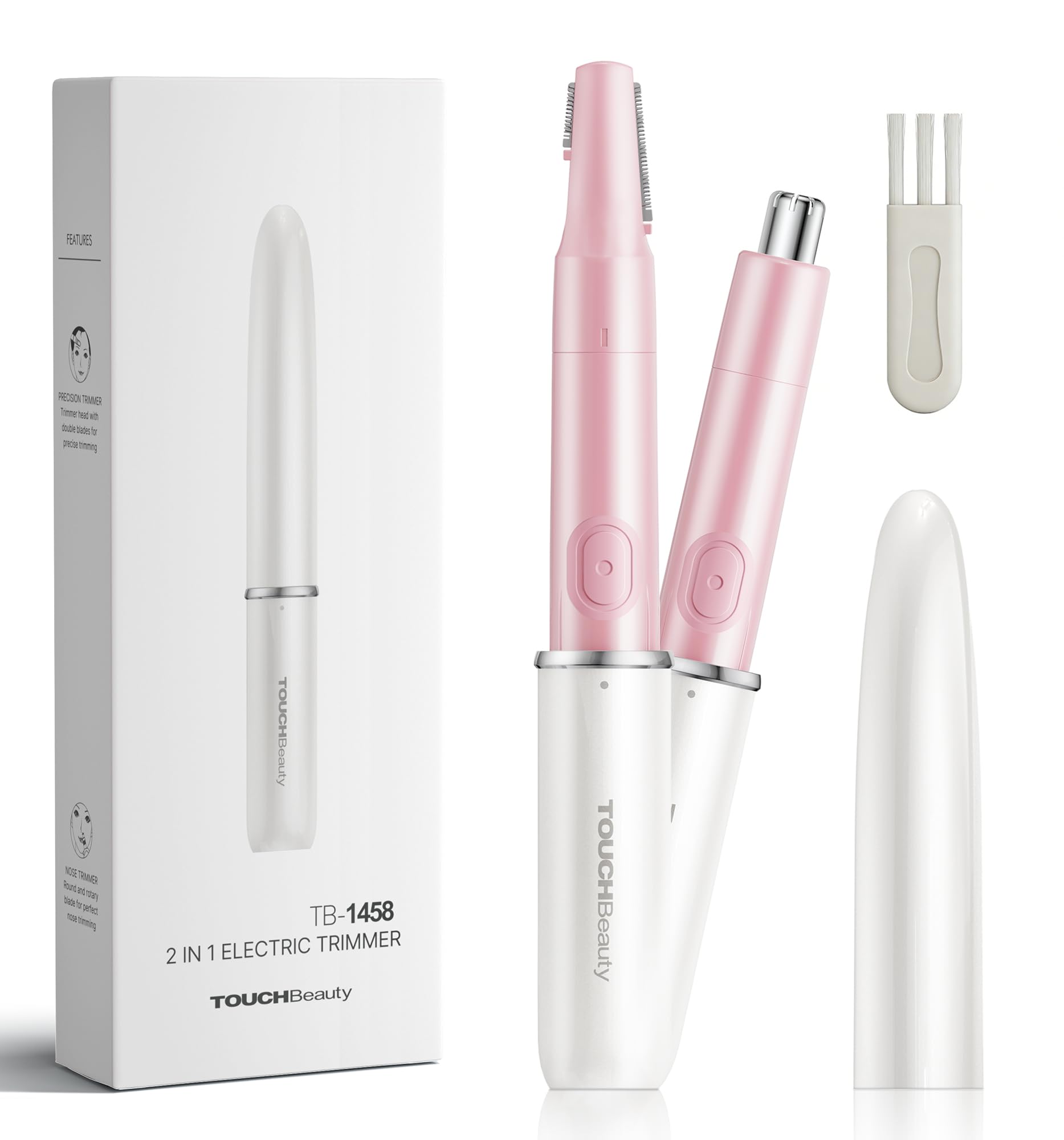 TOUCHBeauty Nose & Ear Hair Trimmer for Women, 2-in-1 Eyebrow Trimmer & Razor, Facial Hair Remover for Women, Battery-Operated Nose Trimmer Ladies, IPX6 Waterproof with Dual-Edge Blades