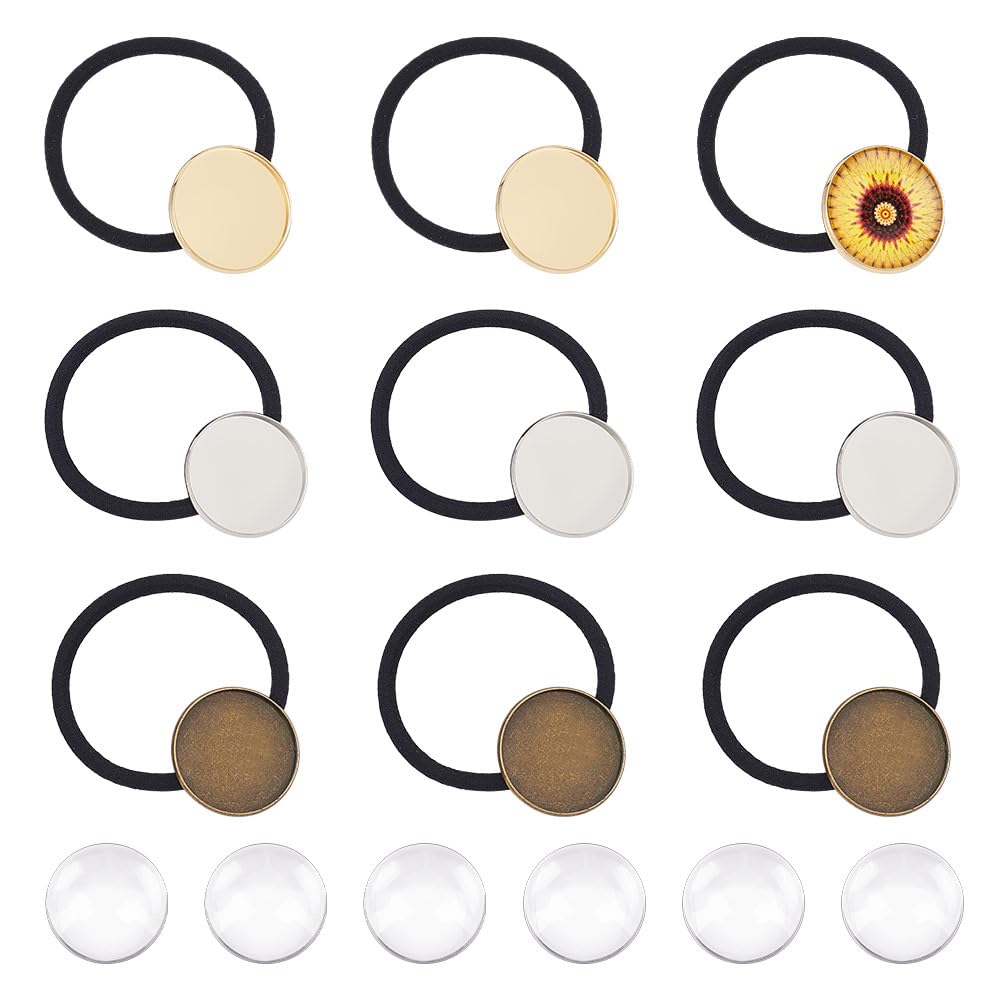 UNICRAFTALE about 36pcs Blank Hair Ties Settings Glass Cabochons Frame Tray Hair Bands Hair Ties with Glass Domes Brass Bezel Blanks Tray for DIY Craft