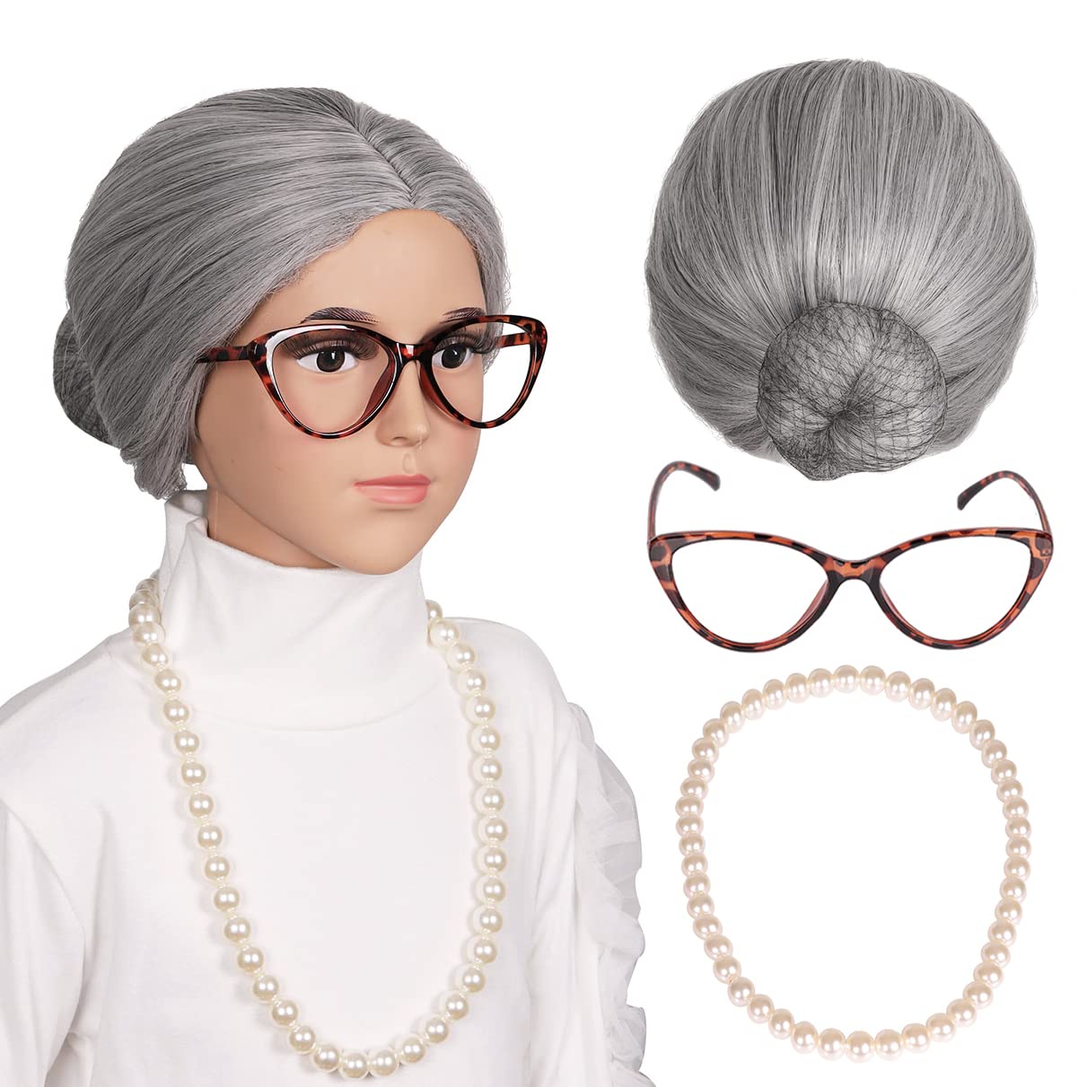 Photo 1 of ColorGround Old Lady Silver Gray Cosplay Wig with Bun Pearl Necklace and Glasses