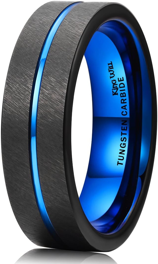King Will Duo 7mm Tungsten Carbide Ring Black Line Brushed Blue Wedding Band Comfort Fit