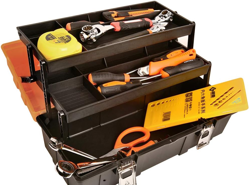 17-Inch Multi-Purpose 3-Layer Toolbox with Tray and Dividers, Household Plastic Tool Organizers, Orange Folding Storage Box - - 