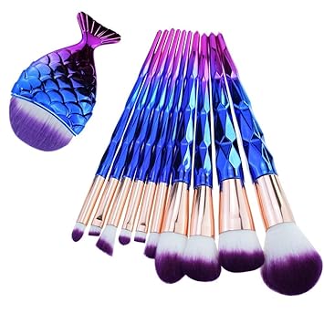 Everyday Shop Diamond Cut Handle Makeup Brush Set with Big Fish Tail for Foundation, Eye Shadow, Lips (11 Pieces and 1 Transparent Silicone Puff)