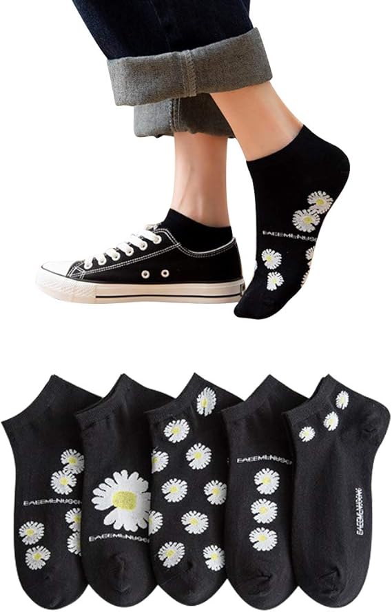 Amazon 靴下 レディース くるぶしソックス 可愛い 花柄 靴下 女性用 くつした 春夏 おしゃれ ショートソックス 黑 くつした レディース 綿 薄手 くつ下 蒸れない 脱げにくい靴下 22 25cm 5足セット 靴下 通販