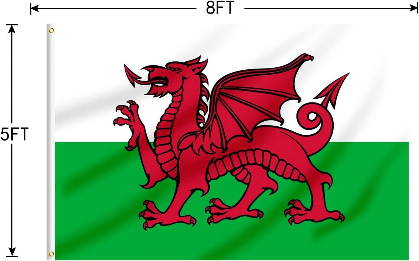 SHATCHI Large 8 x 5Ft Wales Flag Welsh Dragon Cymru National Flag Polyester Fabric Brass Eyelets for FIFA World Cup Football Rugby Sports Supporter, Red,Green,White