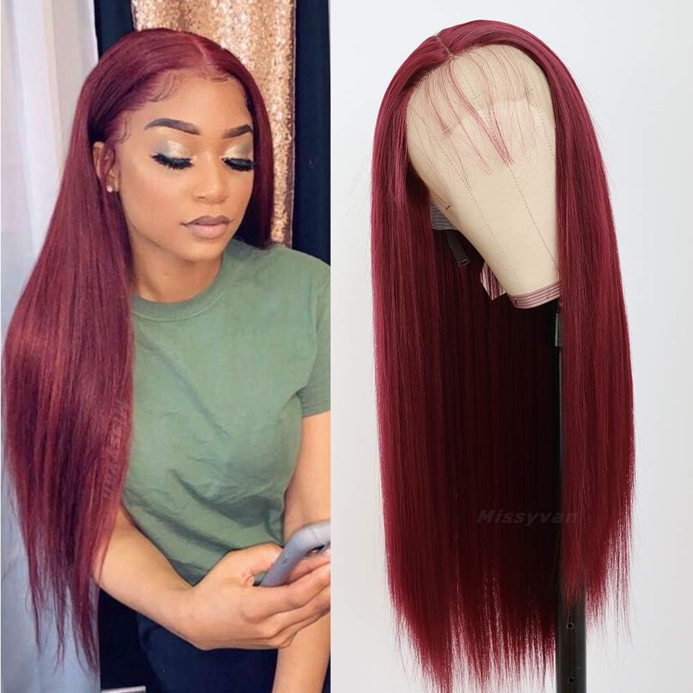 Missyvan Burgundy Hair Color Lace Front Wig Long Straight Hair Wigs Glueless Heat Resistant Fiber Hair Red Hair Synthetic Lace Front Wigs for Fashion Women