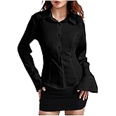 WDIRARA Women's Long Bell Sleeve Button Down Shirt Lace Up Back Princess Line Lapel Top