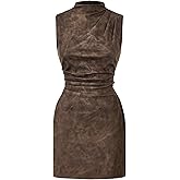 RoseSeek Women's PU Leather Ruched Bodycon Dresses Mock Neck Sleeveless Zipper Mini Tank Dress