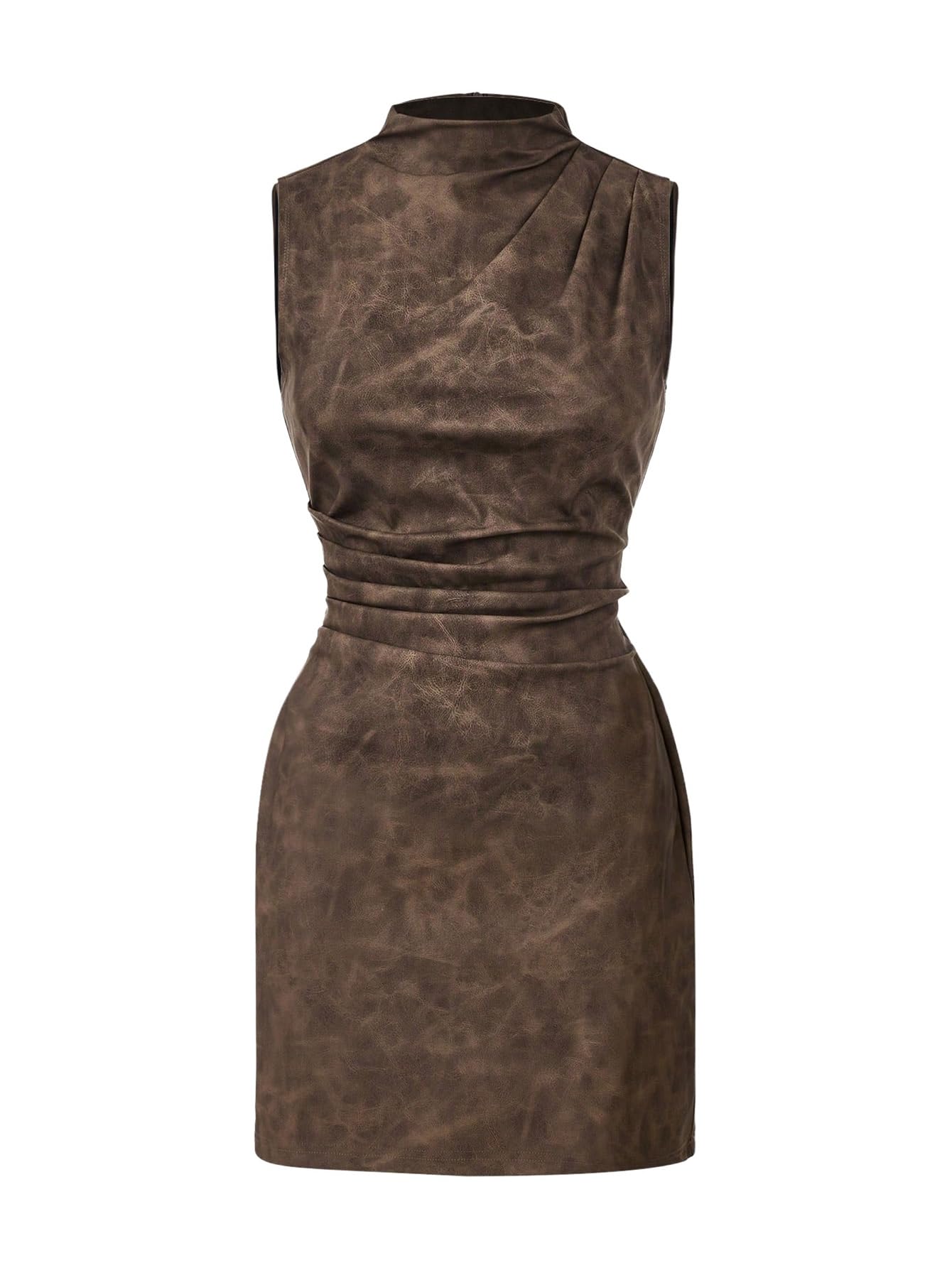 Photo 1 of RoseSeek Women's PU Leather Ruched Bodycon Dresses Mock Neck Sleeveless Zipper Mini Tank Dress Brown Large