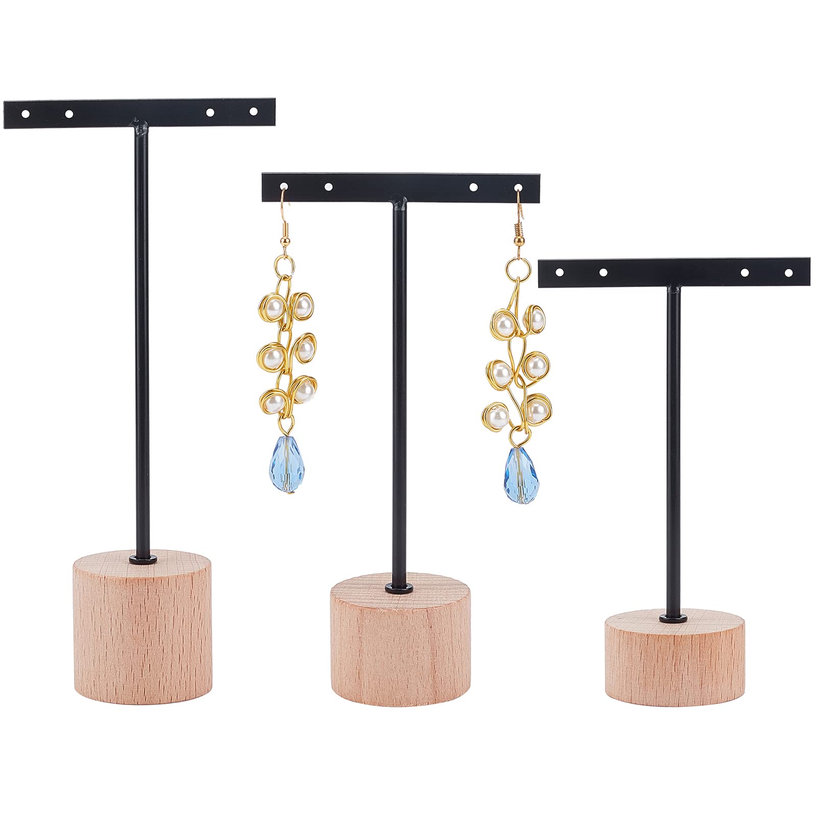 FINGERINSPIRE 3 Pcs Black Metal T Bar Earring Display Stand with Wooden Round Base 4 Holes Earrings T Stand Hanging Earring Organizer for Store Retail Photography Props（12 & 14 & 16 cm Height）