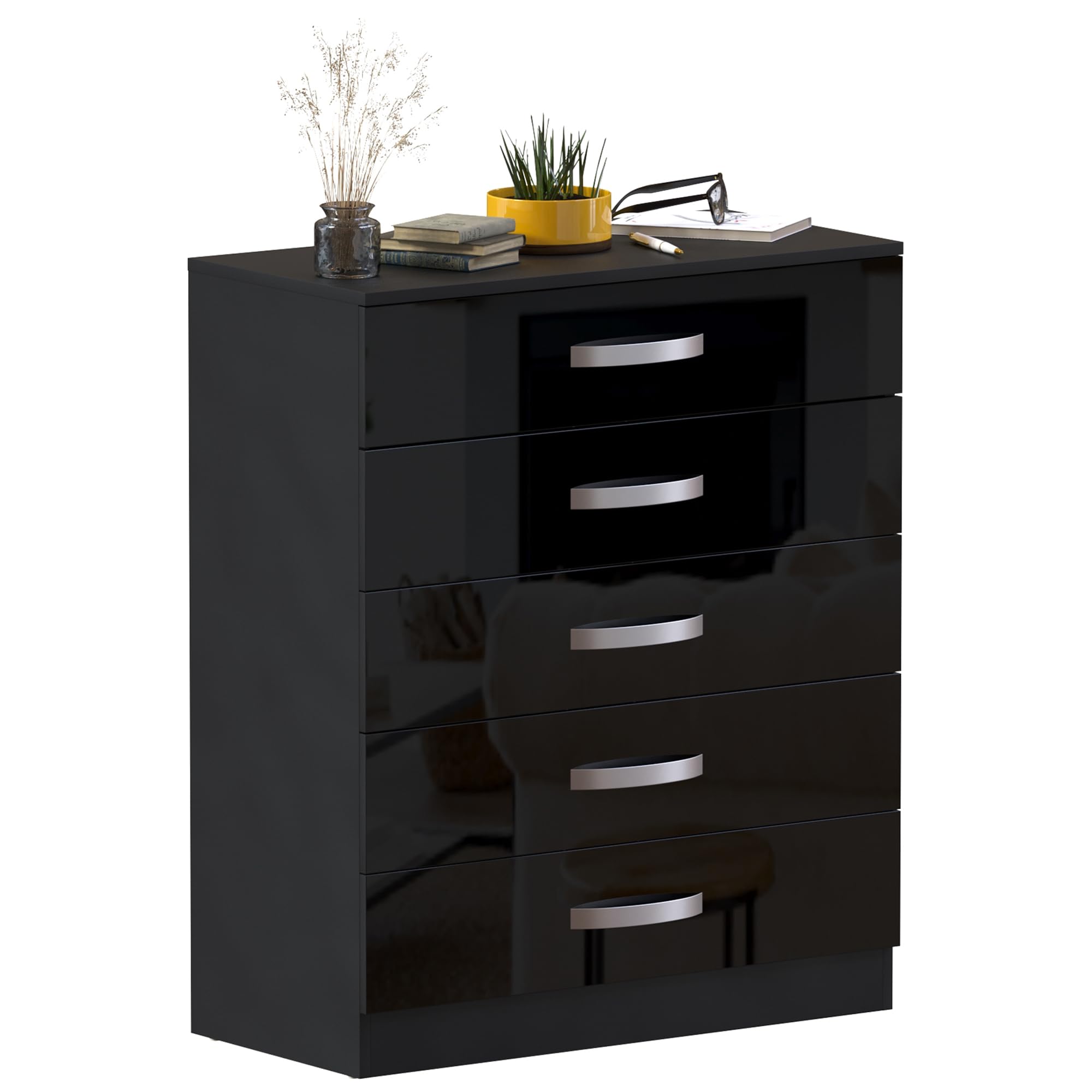 Vida Designs Hulio High Gloss 5 Drawer Chest Of Drawers, Black, 90 x 75 x 36 c,