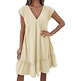 APAFES Women's Summer Dress A Line V-Neck Ruffle Hem Sundress Flowy Swing Mini Dress with Pockets(Beige-XS)