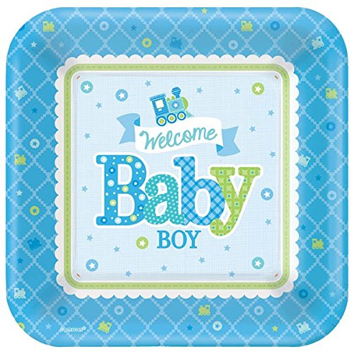 Amscan Charming Welcome Little One Boy Square Plates Baby Shower Party Supplies, 10