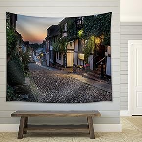 Nighttime on The Cobbles at Mermaid Street in East Sussex - Fabric Wall Tapestry Home Decor - 51x60 inches