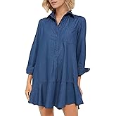 YEXPINE Women's Long Sleeve Denim Shirt Dress Button Down Ruffle Flowy Collared Mini Shift Drop Waist Jean Dresses