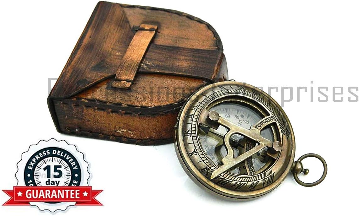 Expressions Enterprises Brass Sundial Compass Push Button Nautical Compass 3.5", Pirates Gift with Leather Pouch/Birthday Present
