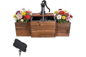 Solar Powered Water Fountain with Dual Planter Box, 3-Tier Cascading Wooden Garden Fountain for Outdoor, Rustic Wood Barrel W